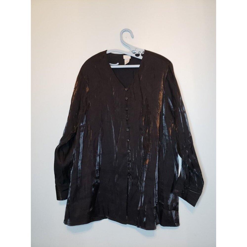 Studio C Womens Plus 18 / 20 Blouse Button Front Long Sleeve Black Shiny Sheer - Picture 1 of 5